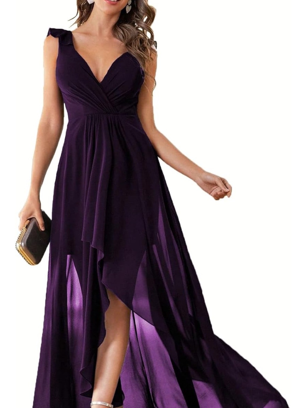 V-Neck Purple High-Low Evening Dress